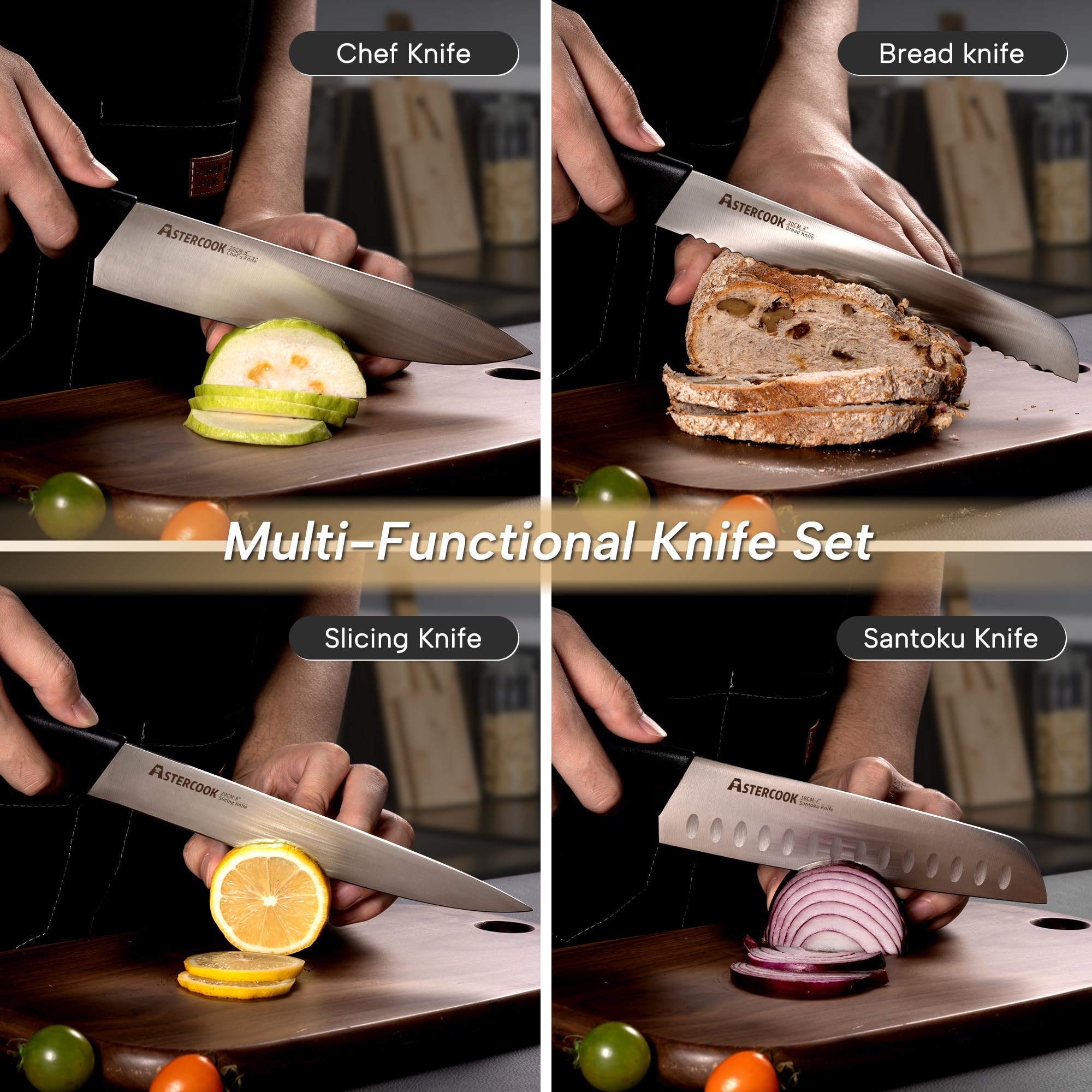 Astercook 8-inch serrated bread knife for crust and crumb control.