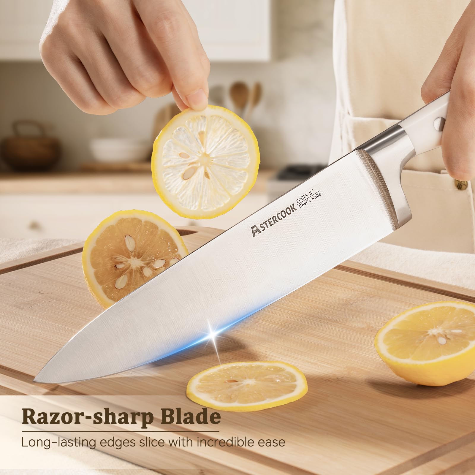 Astercook 8-inch slicing knife ready for precise, clean slices.