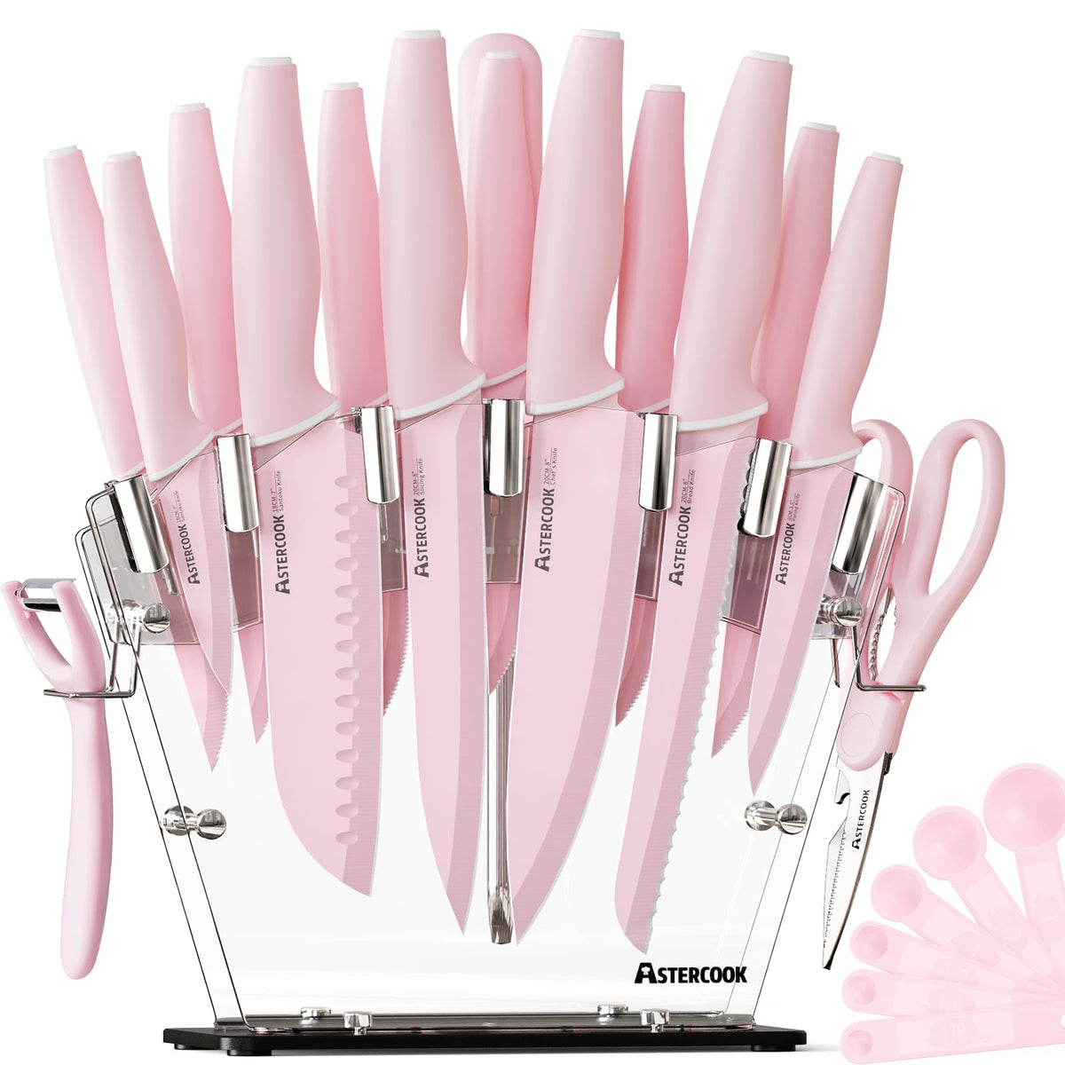 Astercook knife set with pink block and sharpener for easy daily prep.