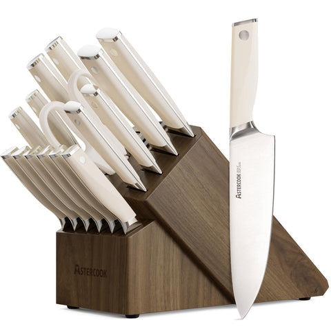 Astercook knife set with block and sharpener for organized prep and edge refreshment