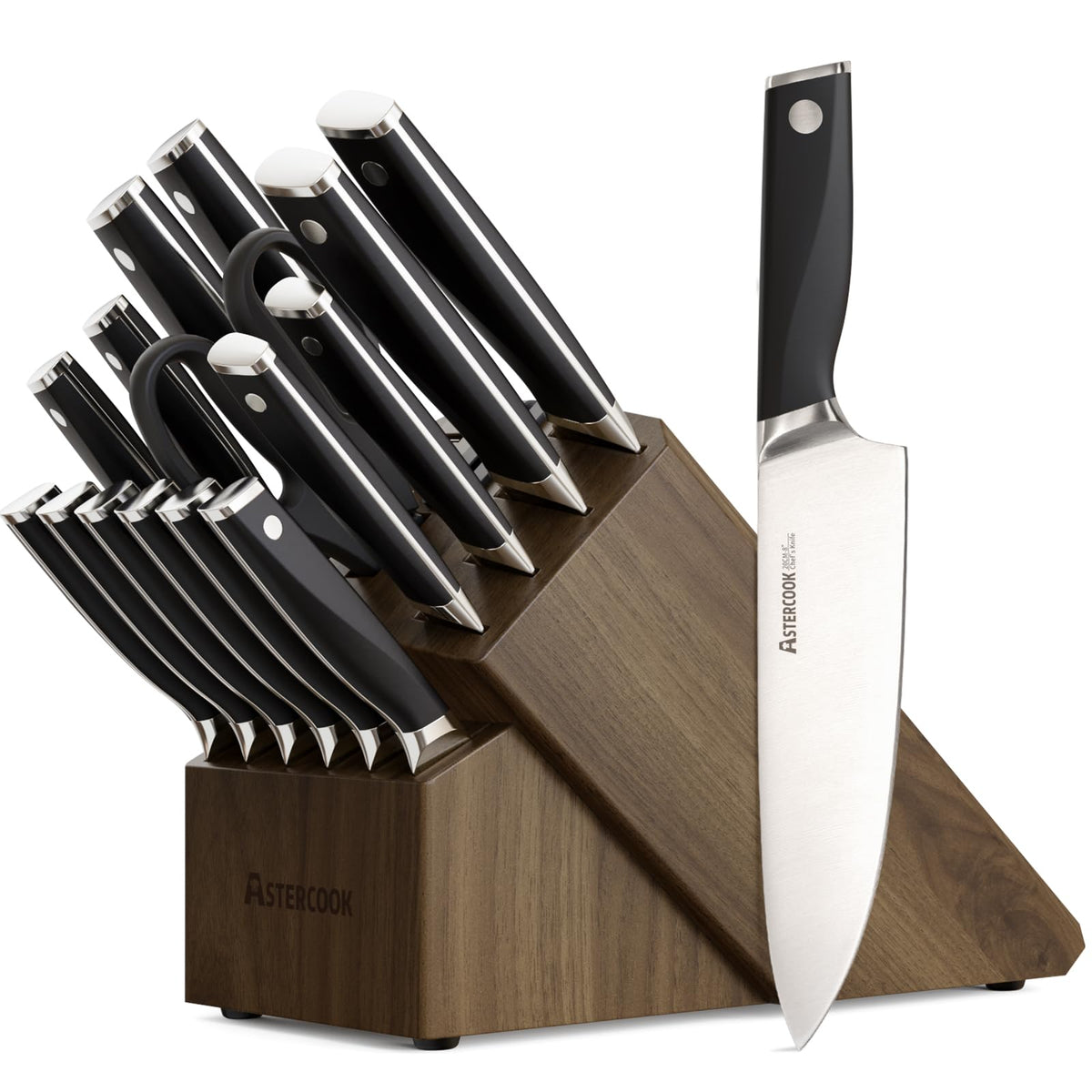 Astercook knife set block with built in sharpener for easy access and edge maintenance.