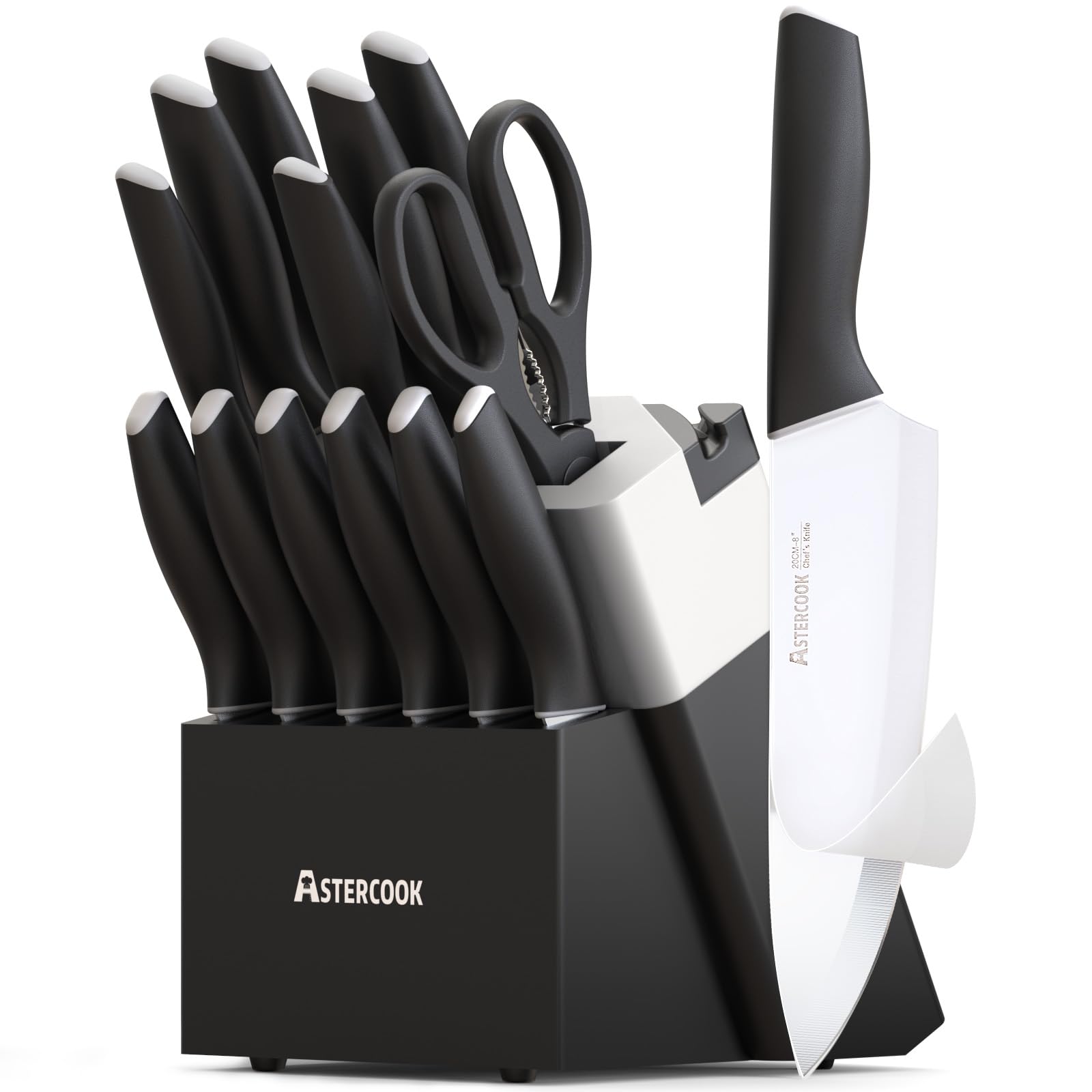 Astercook knife set with built-in sharpener in block for easy maintenance.