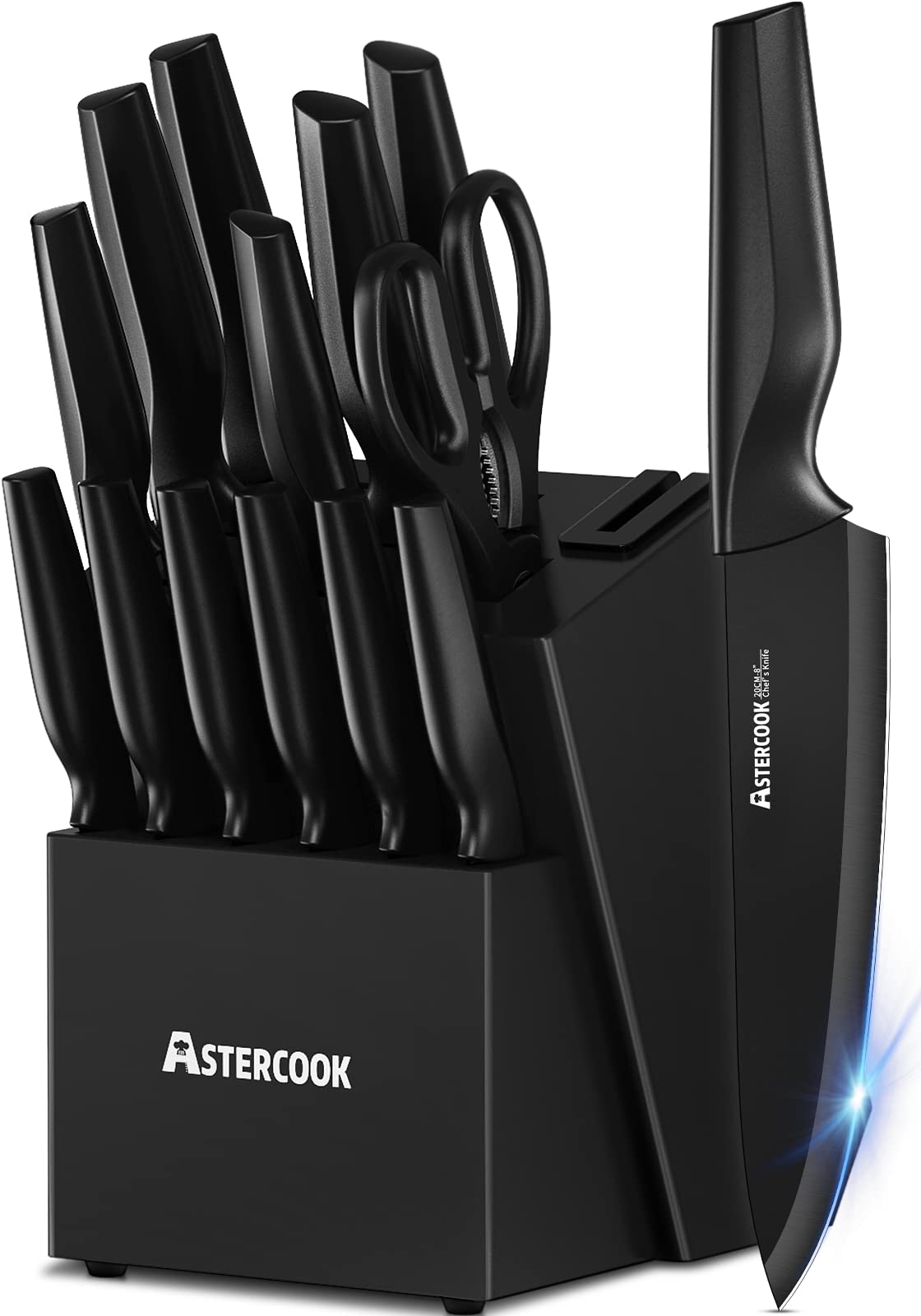 Astercook knife-set with built-in sharpener in the block for easy maintenance