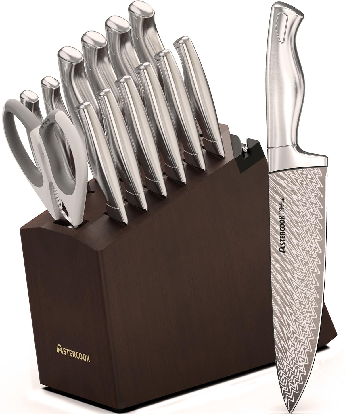 Astercook knife set with block and built-in sharpener keeps blades ready for daily cooking.