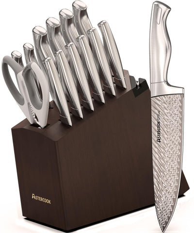 Astercook knife set with block and built-in sharpener keeps blades ready for daily cooking.