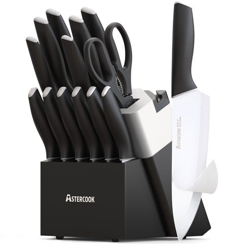 Astercook knife set with built-in sharpener in block for easy maintenance.