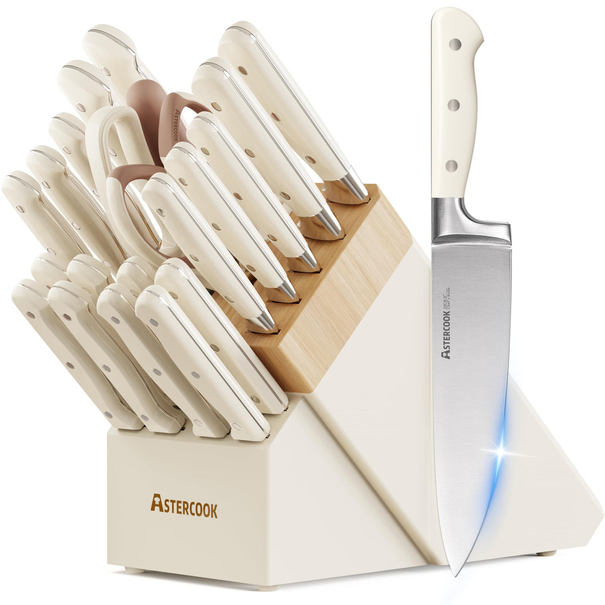Astercook knife-set-block-cream: elegant cream block keeps blades organized for quick access