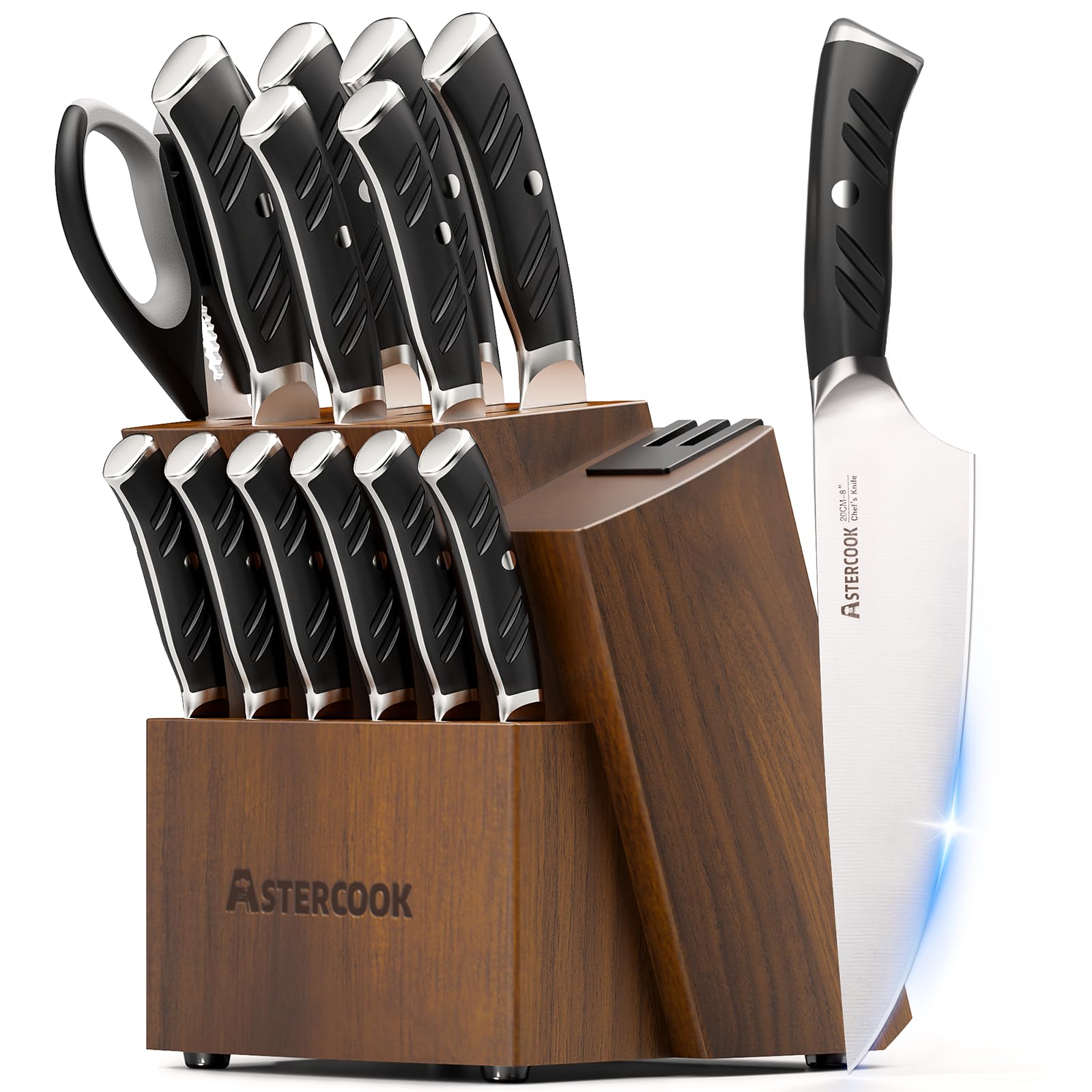 Astercook knife set in wooden block with dual sharpener for precise edge maintenance.