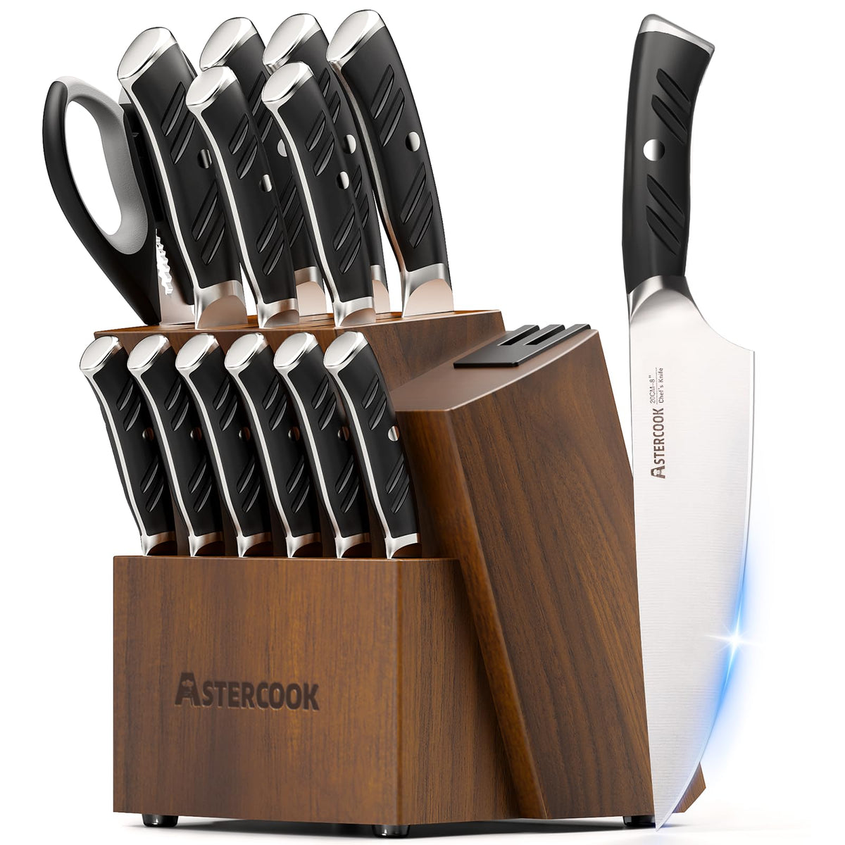 Astercook knife set in wooden block with dual sharpener for precise edge maintenance.