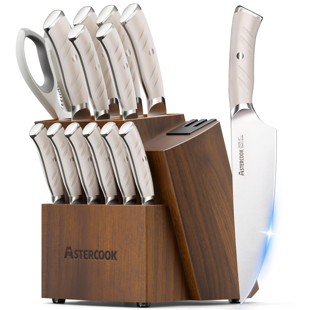 Astercook knife set block with dual sharpener for blade maintenance and storage