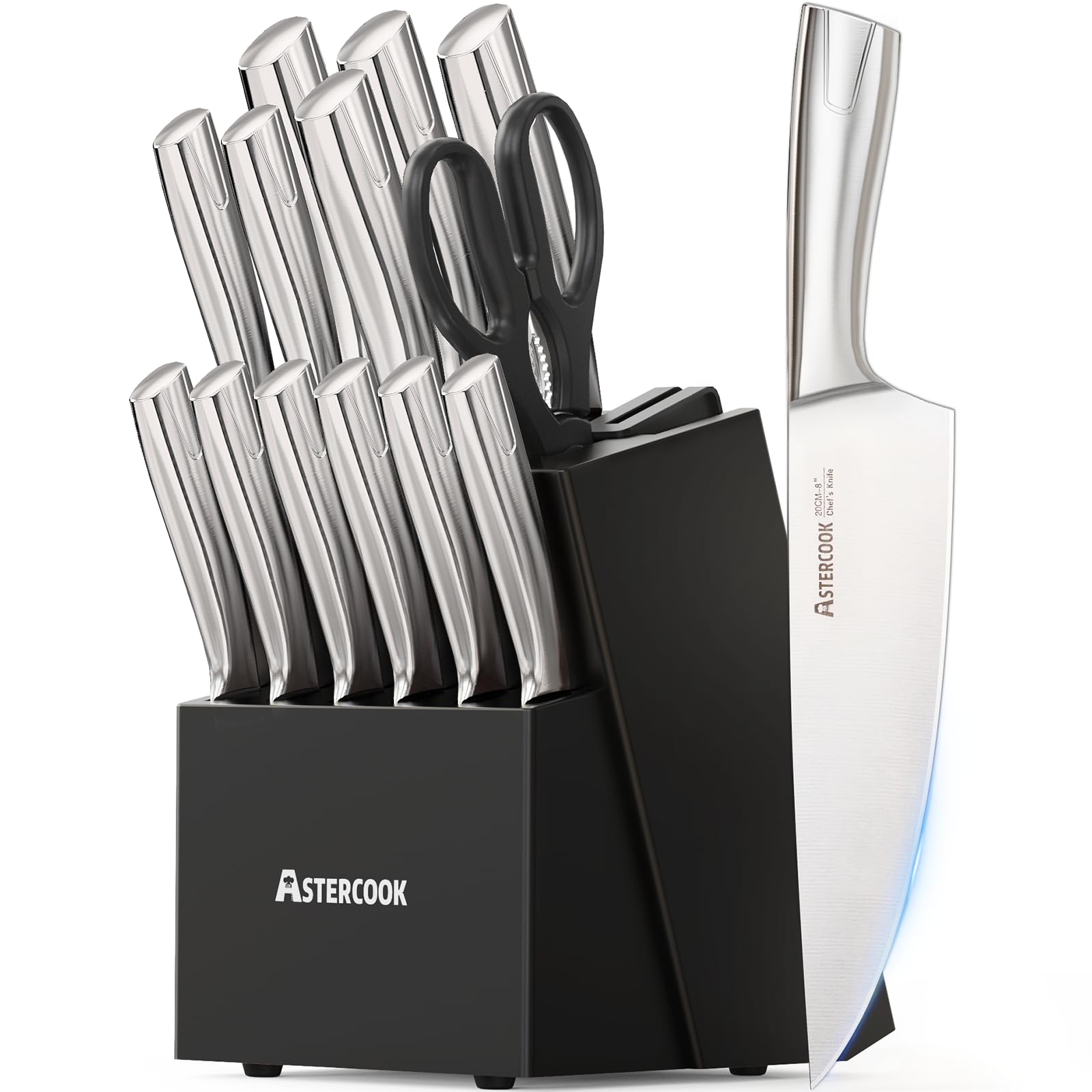 Astercook knife set in wooden block with dual sharpener for ready-edge maintenance.
