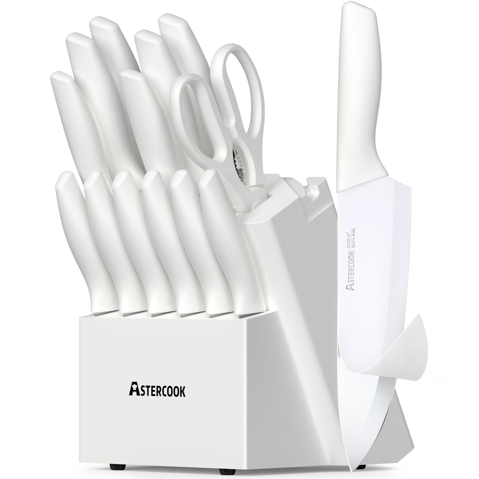 Astercook knife block with 15 piece set, showcasing blades and storage