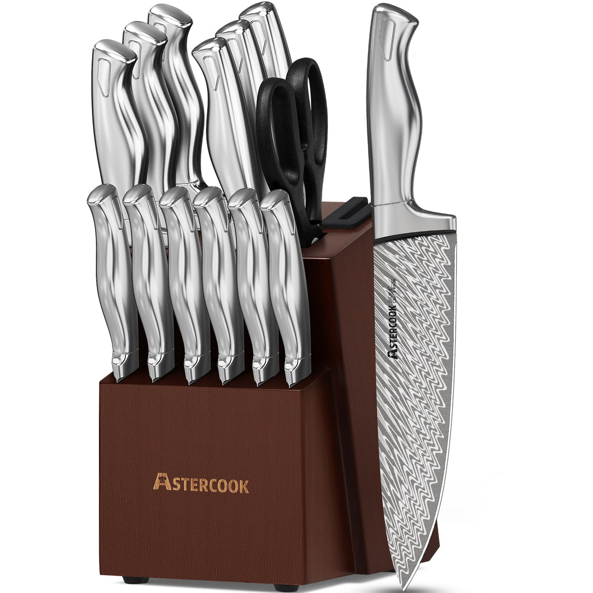 Astercook knife set block with blades displayed for organized storage.