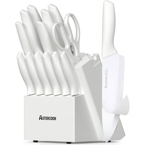 Astercook knife block with 15 piece set, showcasing blades and storage