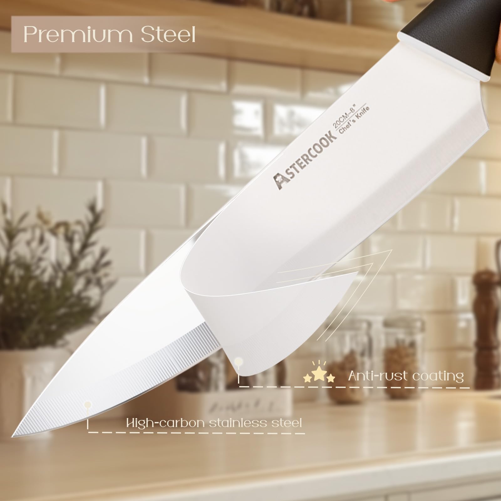 Astercook knife set with ceramic coating blades for smoother slicing.
