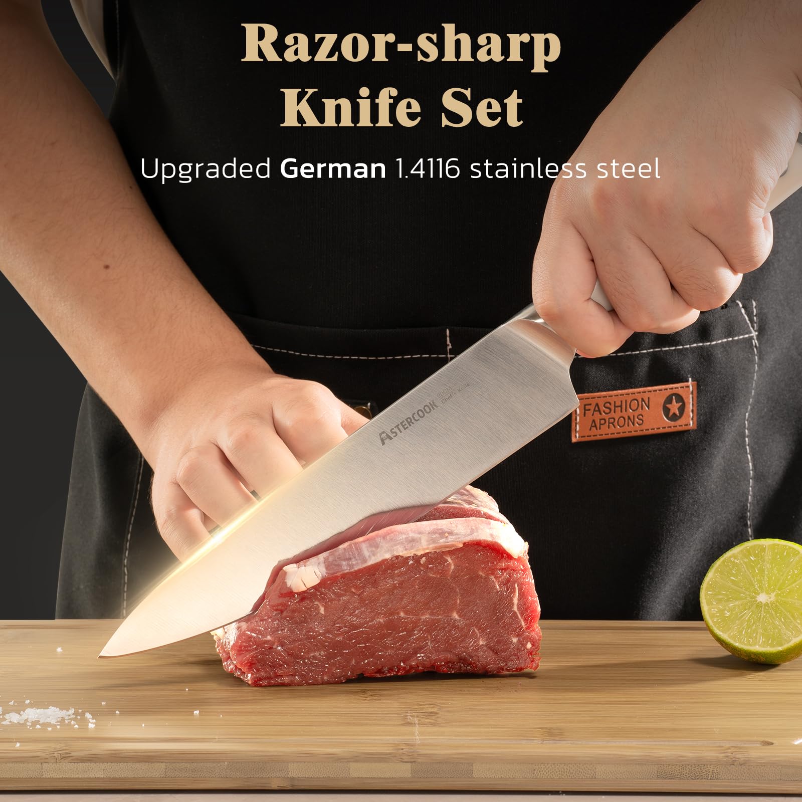 Astercook knife set on counter display showing easy access and organization