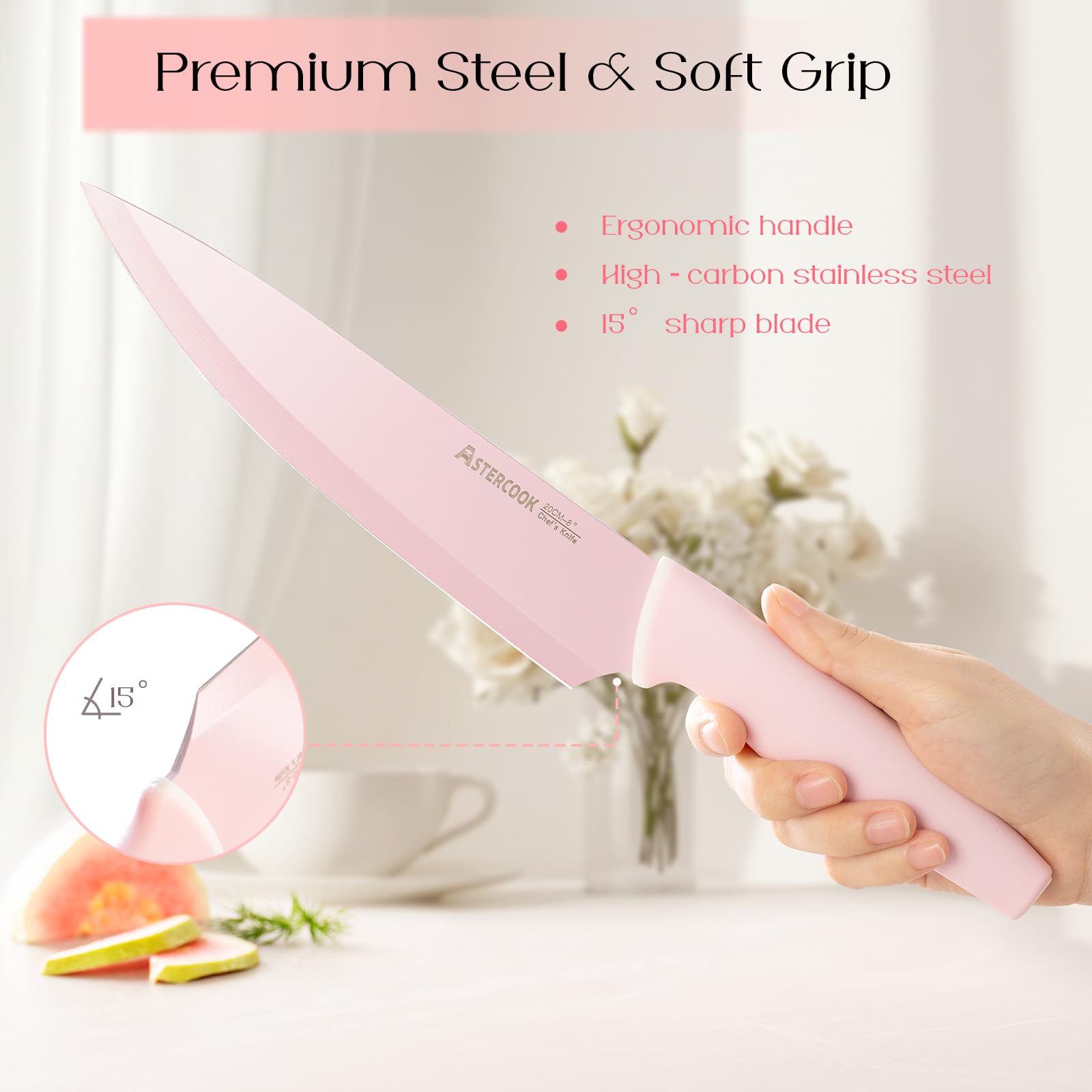 Astercook knife set ergonomic-grip handles reduce fatigue.