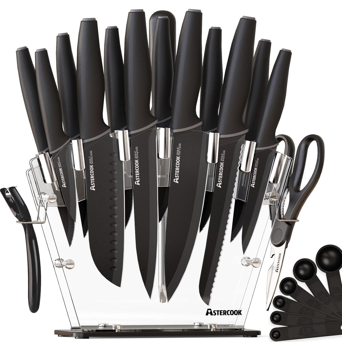 Astercook knife set in clear block for space-friendly storage and quick access