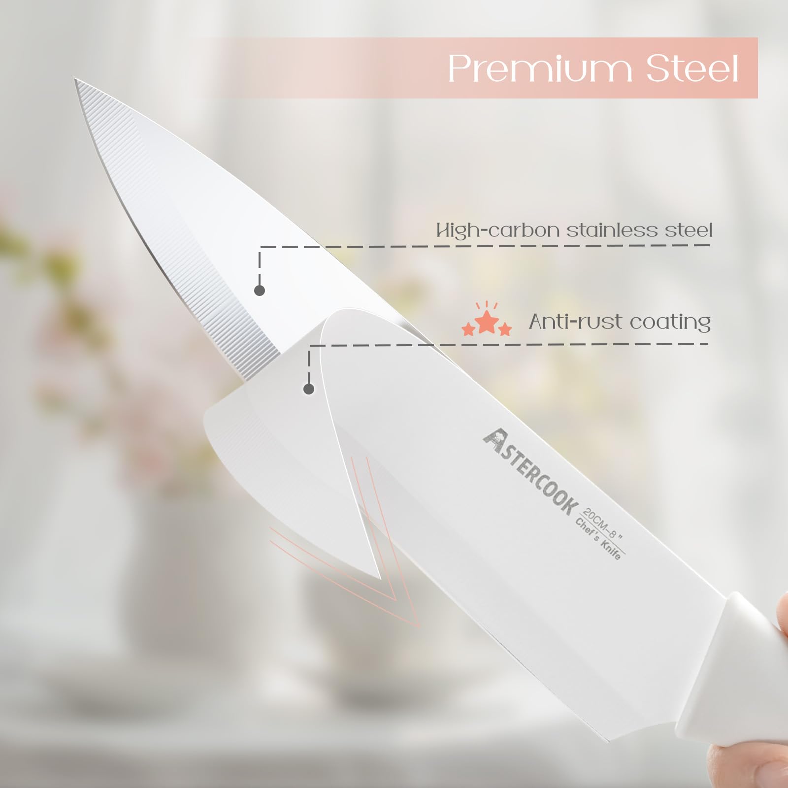 Astercook knife blade close-up highlights sharp edge for precise slicing