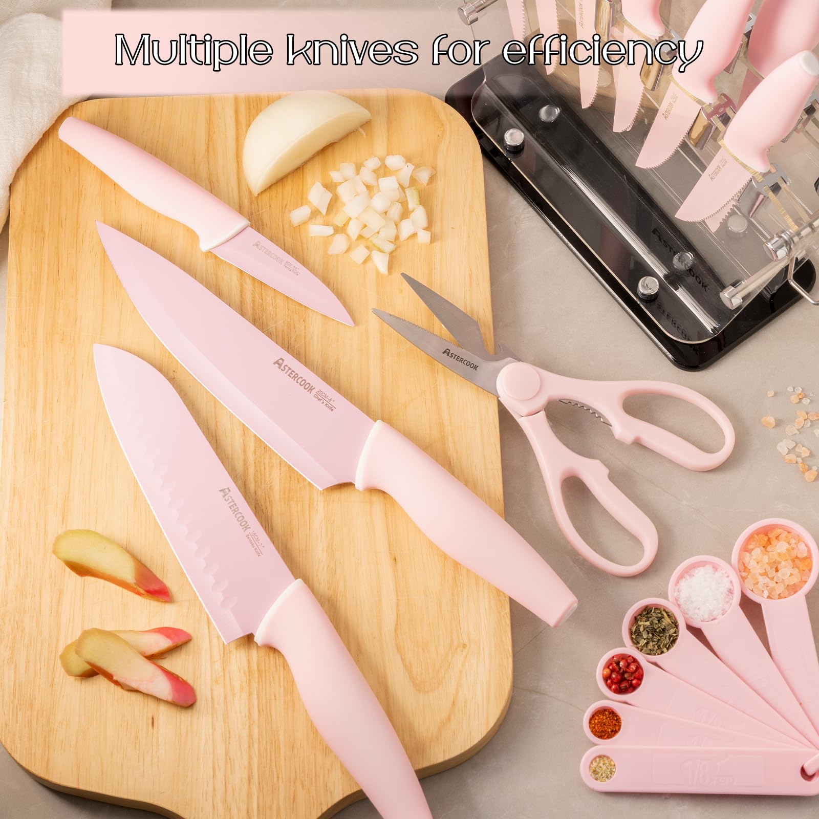 Astercook knife set pink-handled blades provide comfortable control during prep.