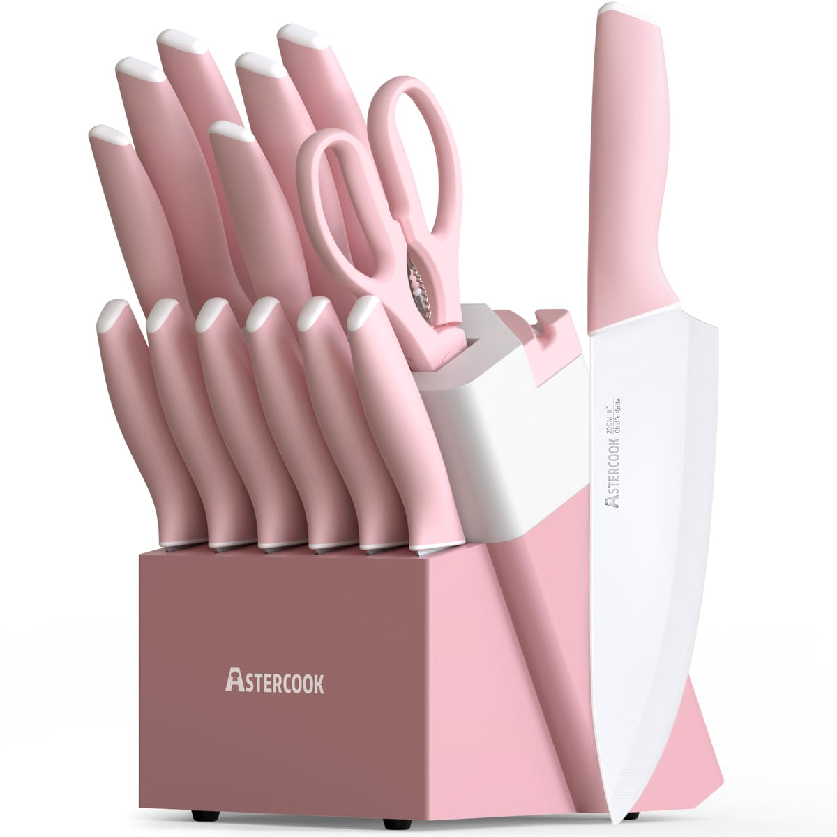 Astercook knife set with wood block and built-in sharpener for easy maintenance