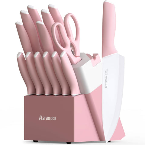 Astercook knife set with wood block and built-in sharpener for easy maintenance