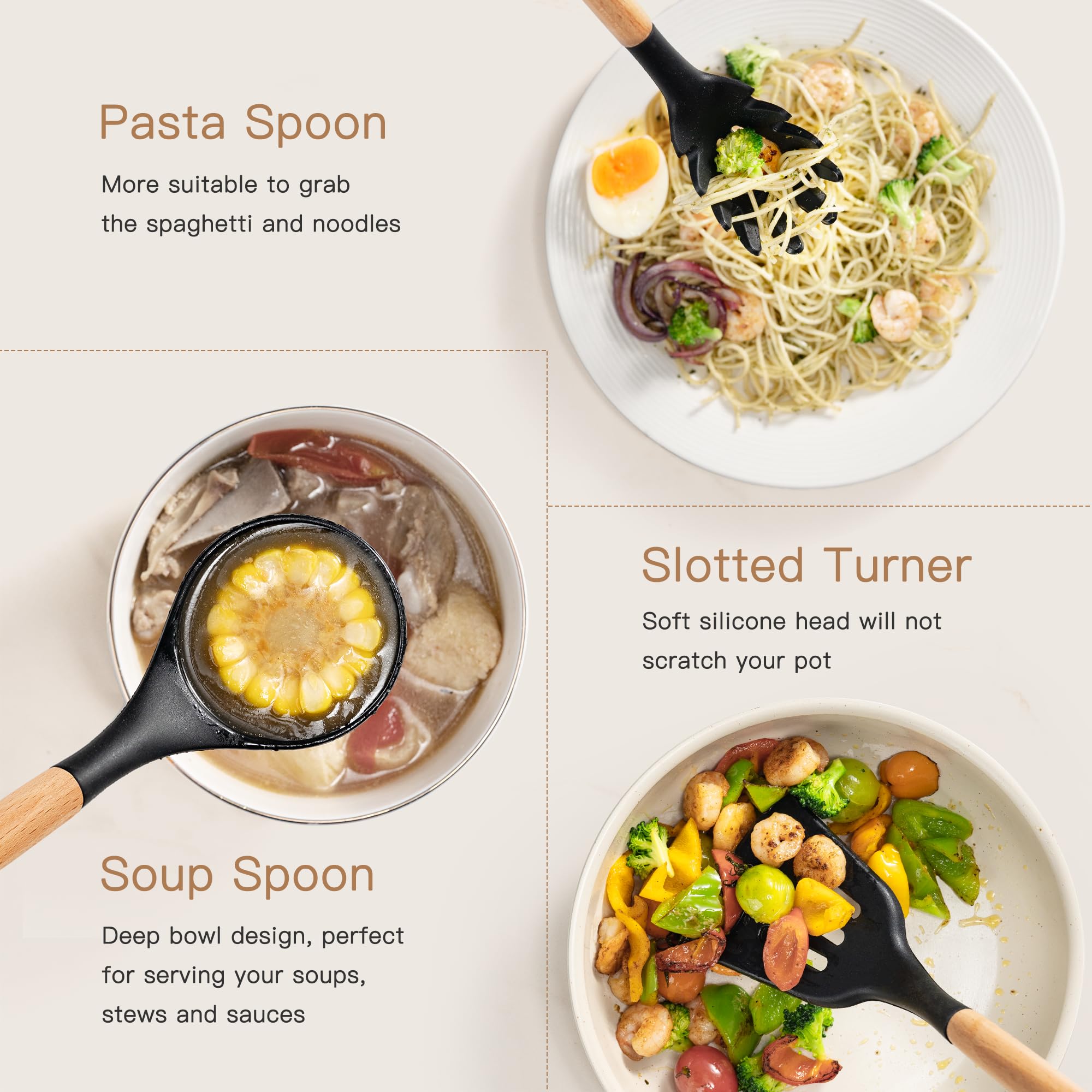 Astercook soft silicone heads protect nonstick cookware from scratches.