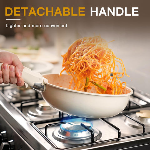 Astercook removable-handle close-up showing secure locking for confident cooking