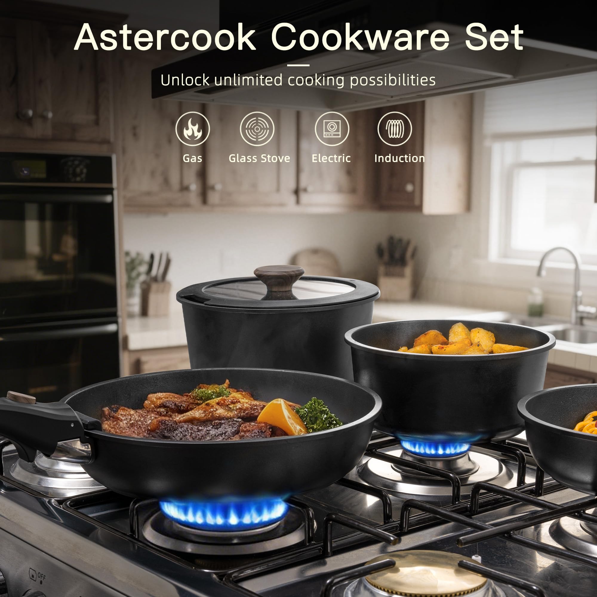 Astercook removable handle close-up showing secure lock for safe, space-saving storage.