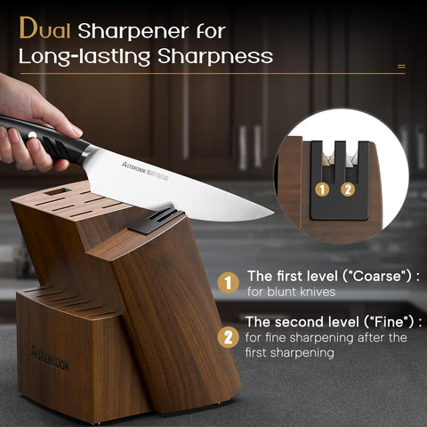 Astercook 7-inch santoku knife close-up with ergonomic handle.