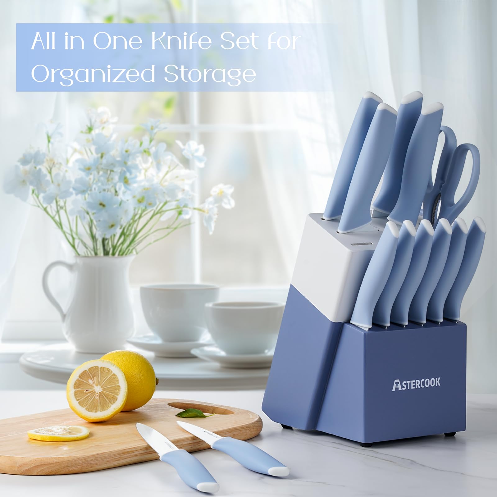 Astercook serrated steak knives set for clean servings.