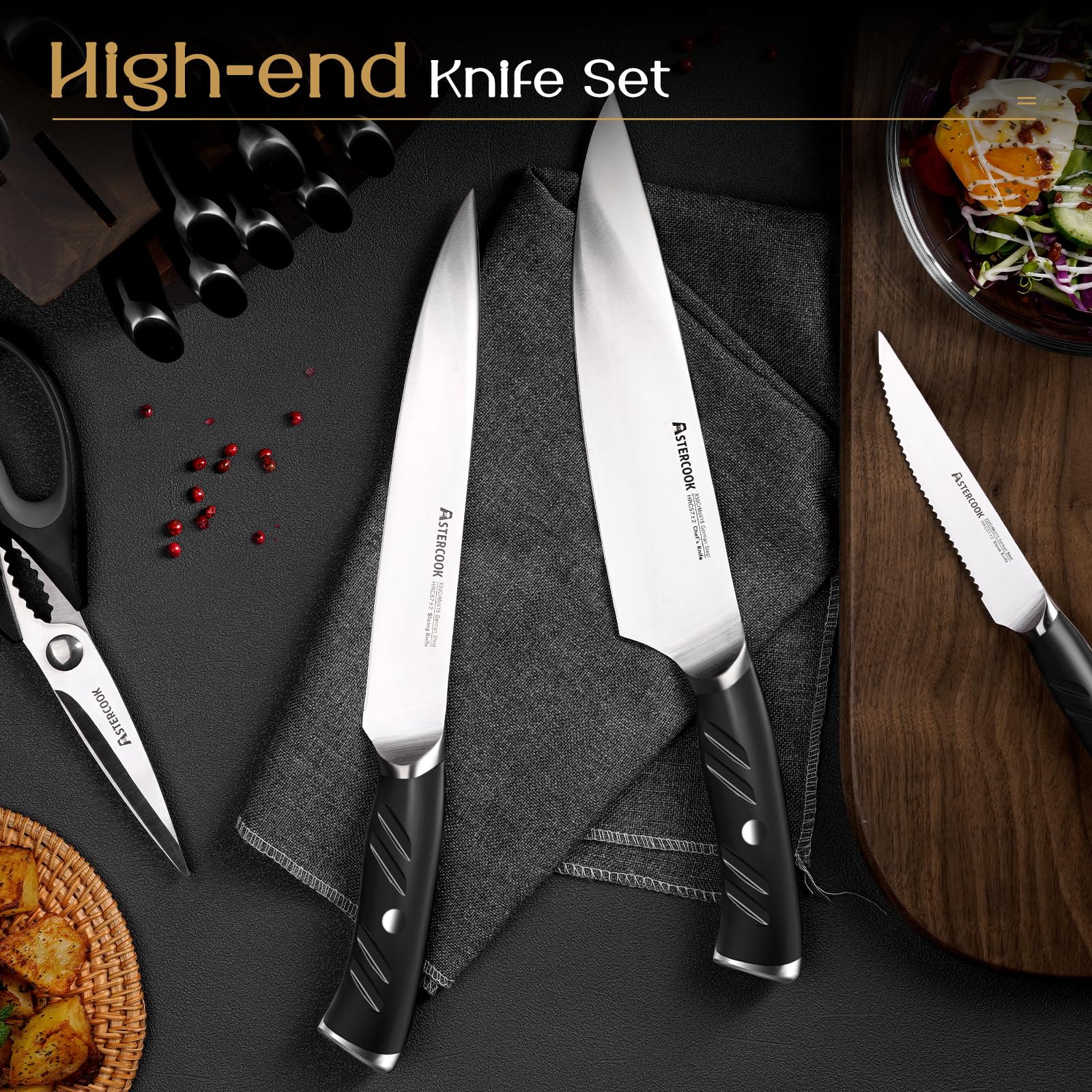 Astercook 6-piece serrated steak knives arranged in wood block.