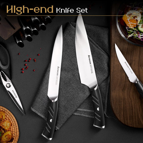 Astercook 6-piece serrated steak knives arranged in wood block.