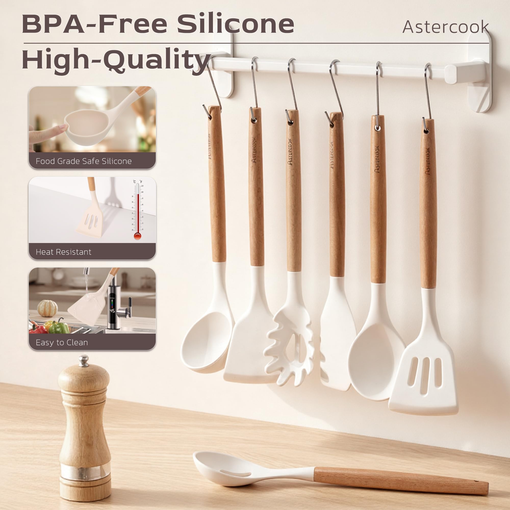 Astercook silicone pasta server with wooden handle for serving and portioning