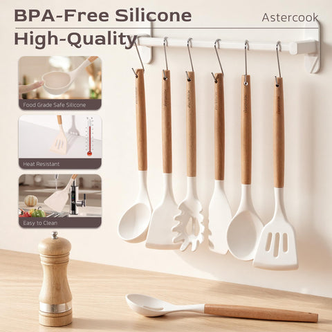 Astercook silicone pasta server with wooden handle for serving and portioning