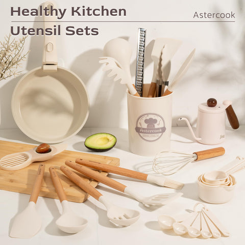 Astercook silicone slotted spoon in cream helps drain liquids while cooking