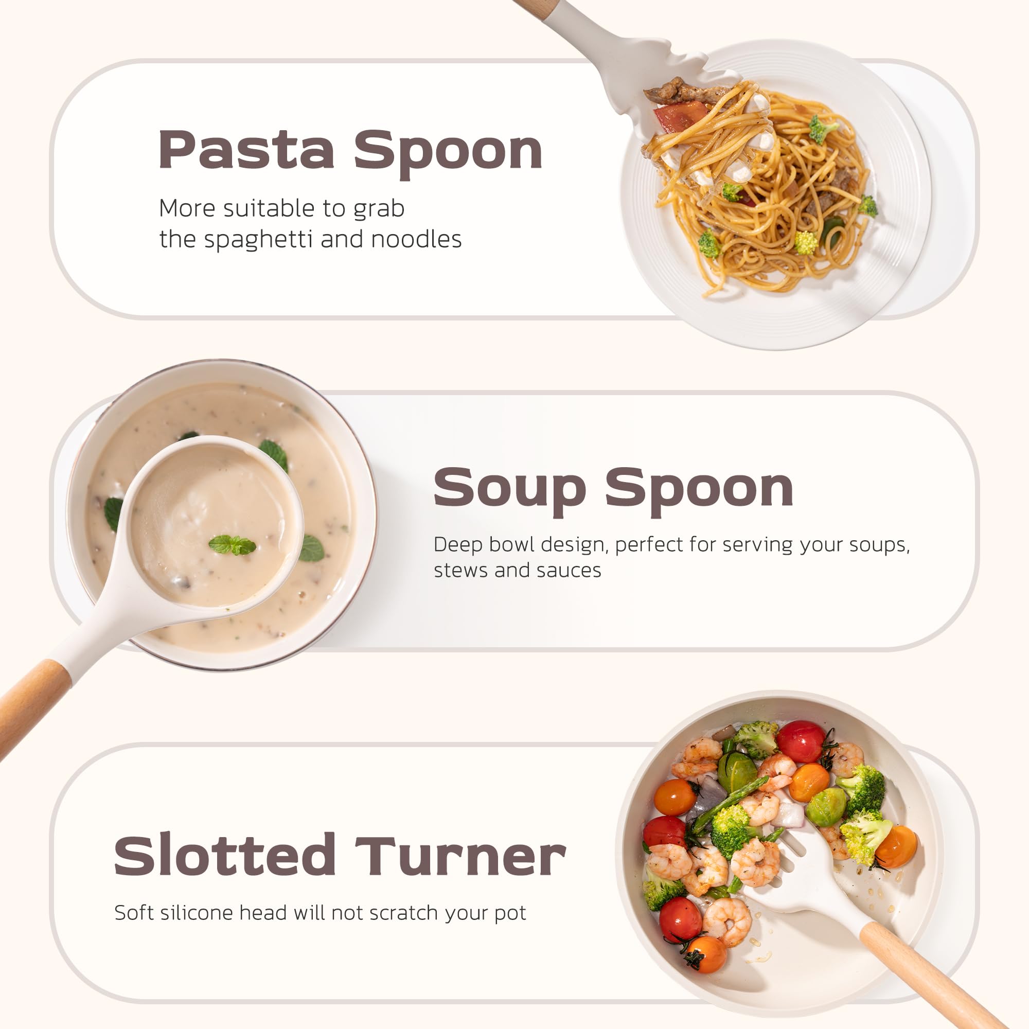 Astercook silicone soup spoon with wooden handle is odor-resistant and easy to clean