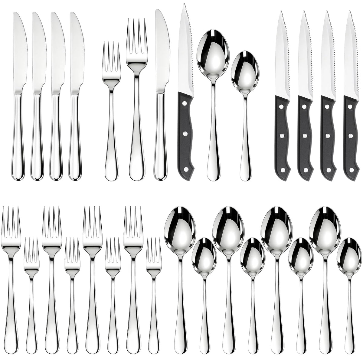 Astercook silverware set 24pc for four with durable, mirror finish.