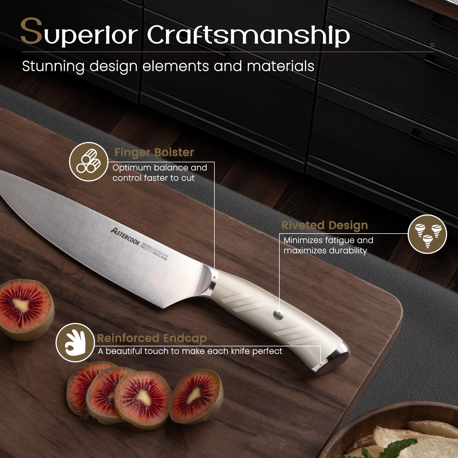 Astercook 8-inch slicing knife shown for clean, even slices.