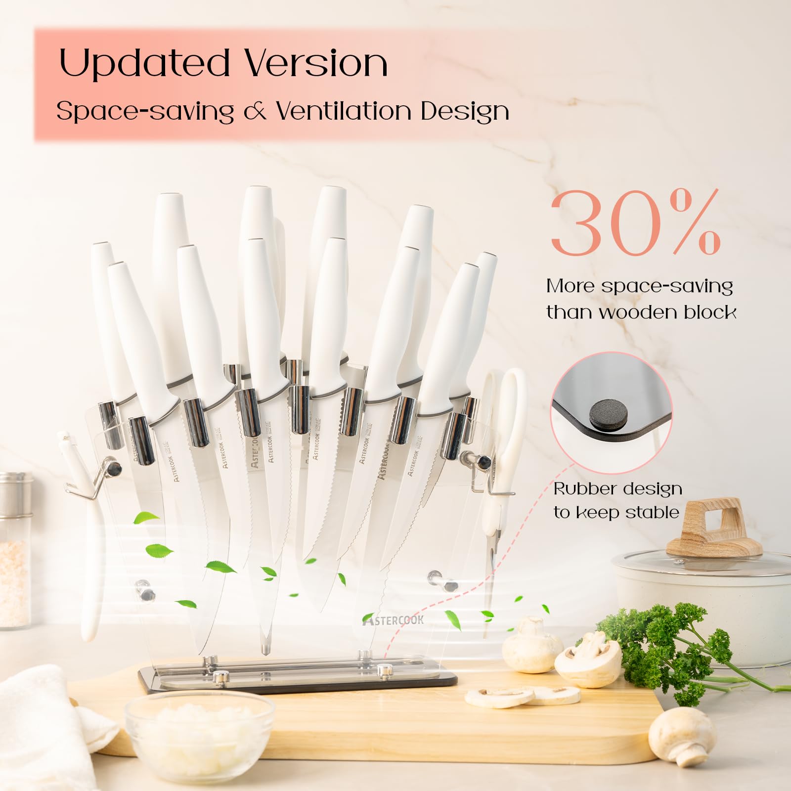 Astercook space-saving counter block keeps kitchen organized and clutter-free.