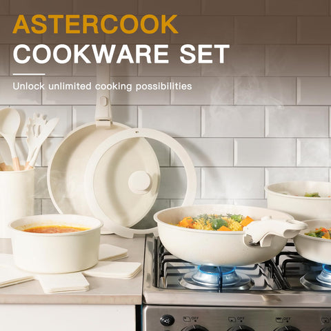Astercook stackable cookware in a neat cupboard, space-saving design.