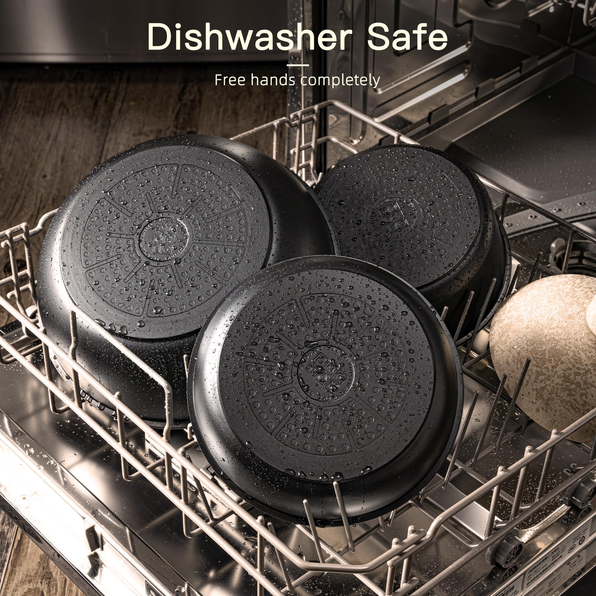 Astercook stackable design maximizes cabinet space after cooking.