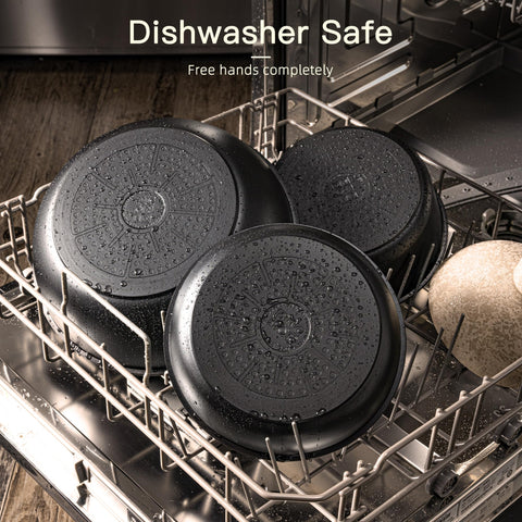 Astercook stackable design maximizes cabinet space after cooking.