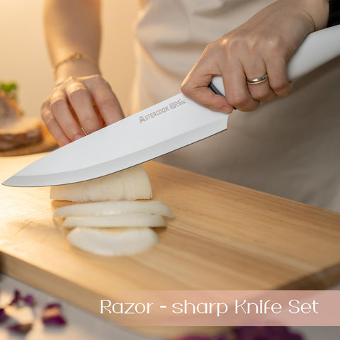 Astercook stainless steel chef knives with balanced control for everyday slicing.