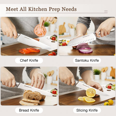 Astercook wooden block with dual sharpener on a kitchen counter.