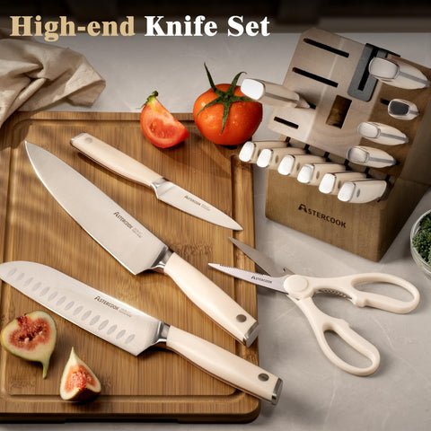 Astercook wooden block with sharpener keeps blades sharp and accessible