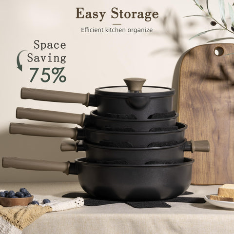 Astercook wood-grain, heat-resistant handles provide a comfortable grip.