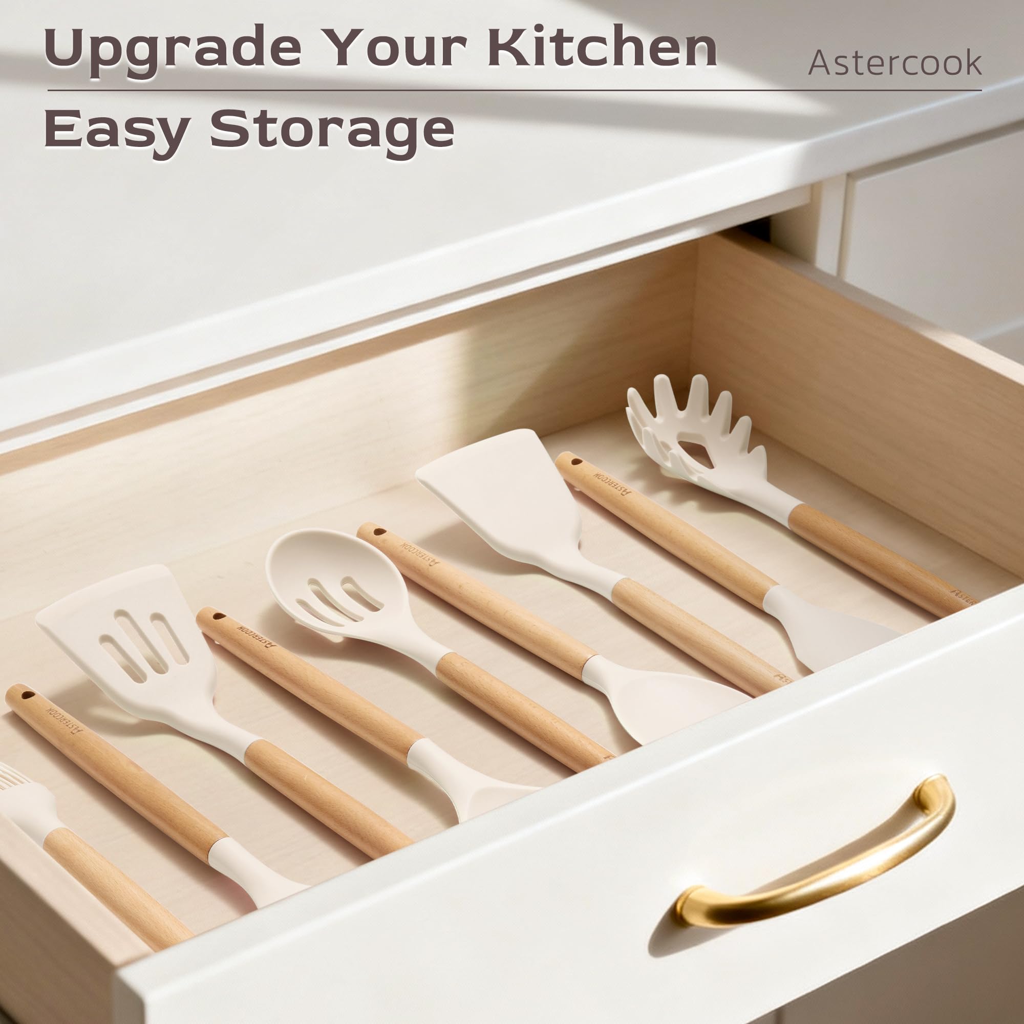 Astercook utensil set with hanging loop and wooden handles for organized storage