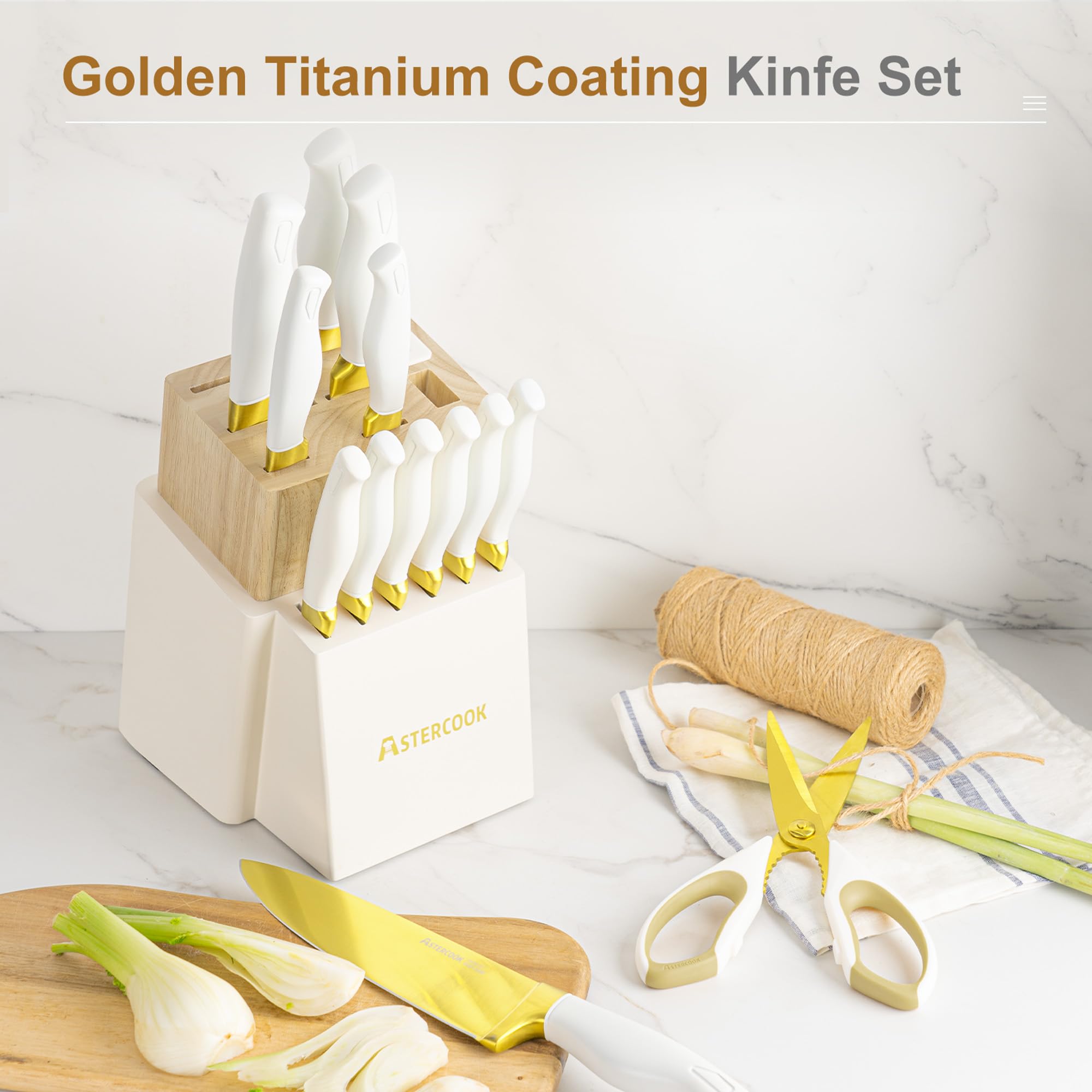 Astercook wooden knife block with blades neatly arranged for quick access.