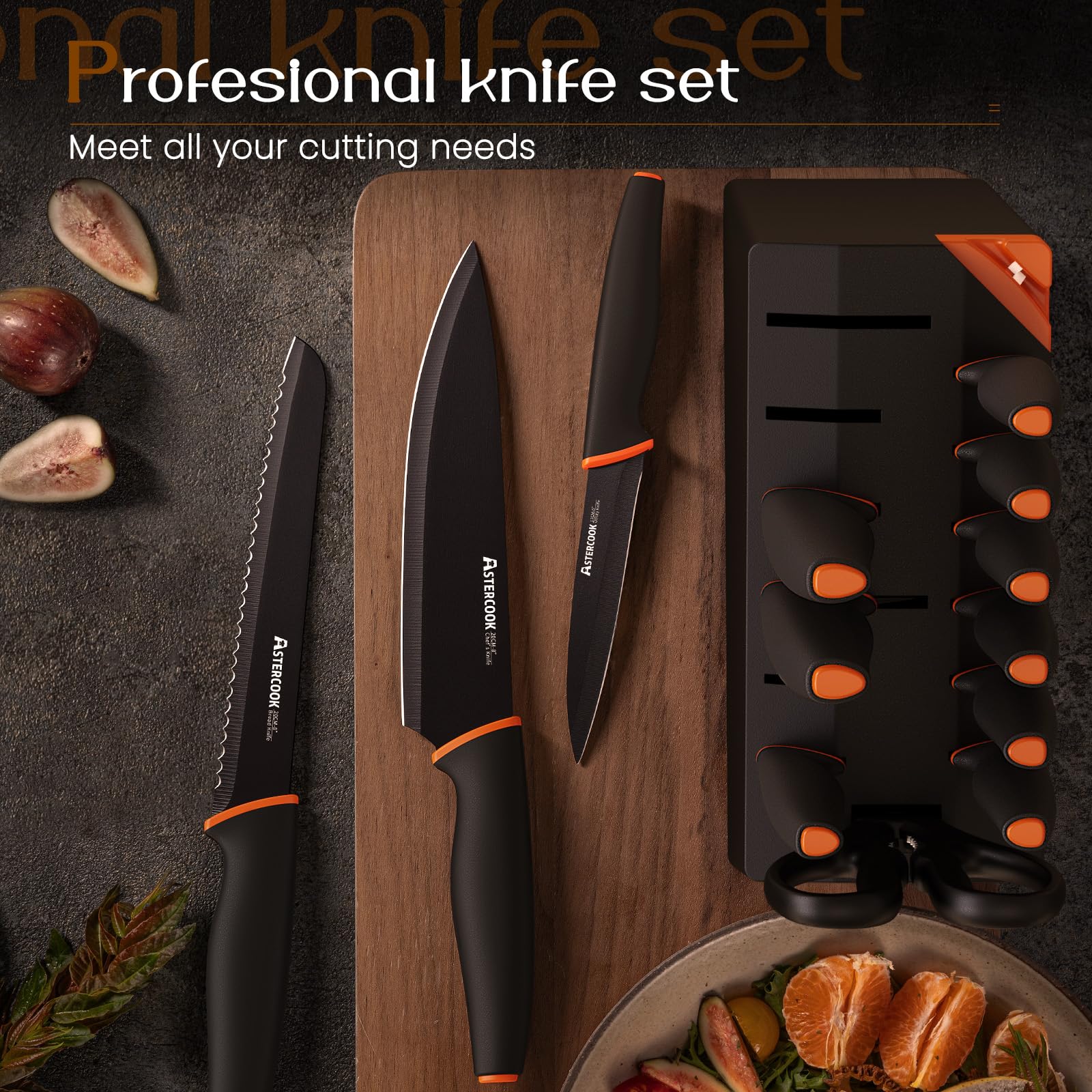 Astercook wooden knife block in black keeps blades organized and accessible.